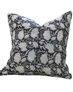 1x Kolka Black Floral Lounge Decorative Cushion Soft Cotton Cover - Black