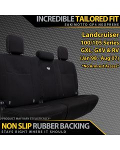 Razorback 4x4 GP4 Standard Neoprene Rear Row Seat Covers suitable for a Toyota Landcruiser 100/105 Series GXL, GXV & RV
