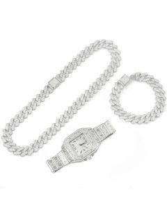 3pcs Men's Watch Set Square Watch Cuban Chain Bracelet (Silver)