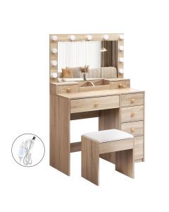 Levede Dressing Table Stool Set 11 Bulb Makeup Mirror Vanity Desk Cabinet Oak