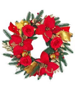Front Door Christmas Wreath with Red Flowers