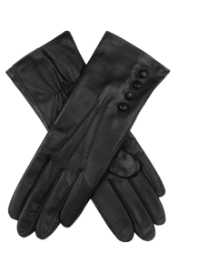 Dents Women's Touchscreen 3 Point Silk-Lined Leather Gloves with Buttons - Black