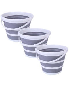 3x 10L Foldable Collapsible Silicone Bucket Bulk Pack - Grey/White (Hiking/Camping/Fishing)
