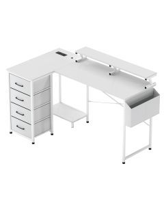 Levede L Shaped Gaming Desk with RGB LED Storage Drawers Power Outlet White