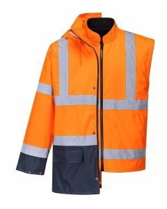 Portwest Hi-Vis Waterproof Rain Jacket Coat - Orange/Navy (5-in-1 Two Tone Safety Workwear Coat)
