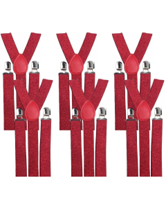 6x Red Glitter Slim Suspenders Bulk Pack - Strong Adjustable Clip On Braces for Weddings/Formals