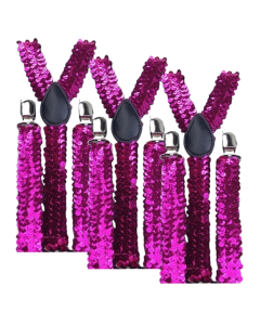 3x Hot Pink Sequin Slim Suspenders Bulk Pack - Strong Adjustable Clip On Braces for Weddings/Formals