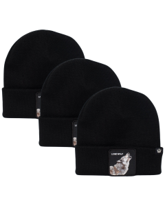 3x Goorin Bros Lone Wolf Beanie - Black (Warm Winter Ski Hat - Animal Series)