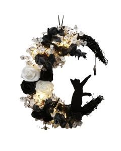 Gothic Cat Moon Wreath Door Hanging Decor