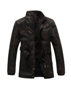Mens PU Leather Fleece Lined Winter Jacket (Coffee Fleece)