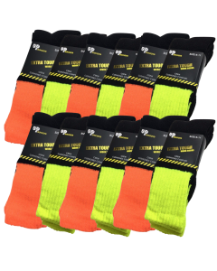 12x Pairs Yellow & Orange HI VIS SOCKS Bulk Pack - High Visibility Fluro Safety Workwear
