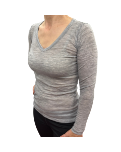 Merino Skins Verona Womens V-Neck Long Sleeve Thermal Top - Soft Grey Marle