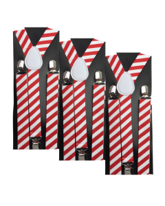 3x Red/White Stripe Slim Suspenders Bulk Pack - Strong Adjustable Clip On Braces for Weddings/Formals