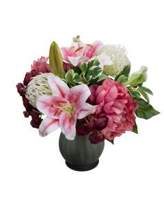 32cm Rose Peony & Wisteria Arrangement in Glass Artificial Flower Plant - Pink