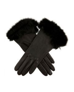 Dents Womens Silk Lined Leather Gloves with Fur Cuffs - Black/Rose