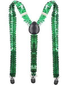 Unisex Green Sequin Suspenders - Adjustable Clip On Y-Back Braces