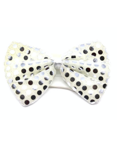 White/Silver Sequin Polka Dots Bow Tie - Fancy Dress Clown Costume Party