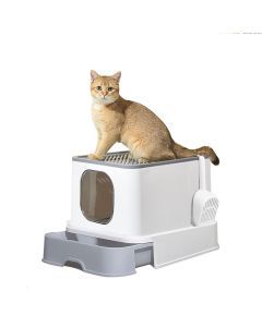 Pawz Cat Litter Box Fully Enclosed Kitty Toilet Tray Pan Container Large Grey