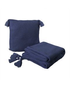 Dreamz Knitting Throw Blanket Cushion Set Pillow Tassel Fringe Sofa Bed Rug Navy