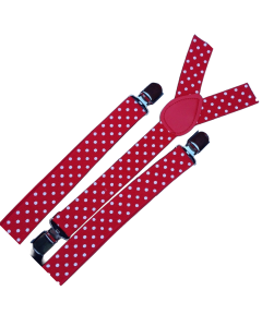 Mens Red/White Polka Dot Slim Suspenders - Strong Adjustable Clip On Braces for Weddings/Formals