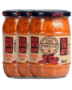 3x 560g Perustija Extra Hot Ajvar Spread (Roasted Red Pepper Relish)