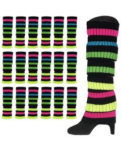 24x Rainbow/Black Stripe Ribbed Leg Warmers Bulk Pack - Womens Dance Costume/80s Party