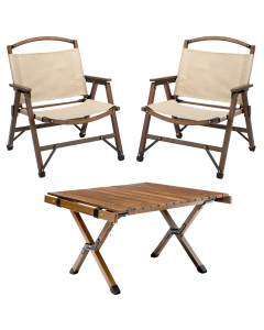 Bamboo Foldable Camping Table + 2 Chairs Waterproof Wood Wooden Travel Set Kit