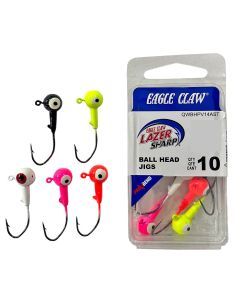 10 Pack of 1/8oz Size 1/0 Eagle Claw Lazer Sharp Ball Head Jigs-Assorted Colours