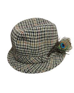 100% Wool Tweed Downbeat Brim Hat with Peacock Feather Trilby 56cm
