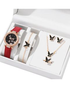 Butterfly Jewelry Set Watch Necklace Earrings Bracelet (Red)