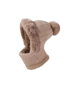 Anime-Inspired Winter Ear Protection Beanie Hat Scarf Combo - Khaki