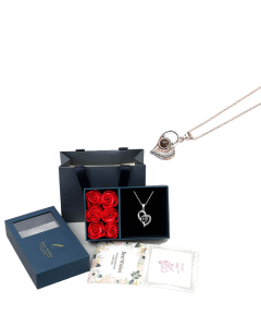 Multilingual 'I Love You' Necklace with 6 Roses in Luxury Gift Box - Silver (45cm)