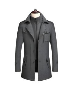 Men's Double Collar Wool Business Coat Winter (Gray)