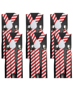 6x Red/White Stripe Slim Suspenders Bulk Pack - Strong Adjustable Clip On Braces for Weddings/Formals