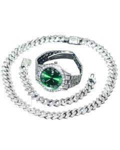 3pcs Mens Silver Watch Cuban Chain Bracelet Set (Green)