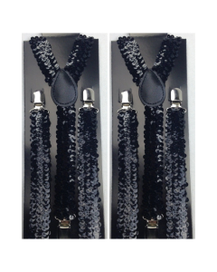 2x Black Sequin Slim Suspenders - Strong Adjustable Clip On Braces for Weddings/Formals