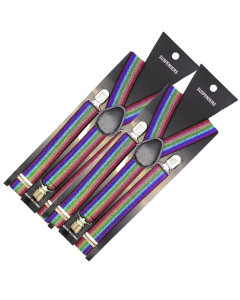 2x Rainbow Glitter Slim Suspenders - Strong Adjustable Clip On Braces for Weddings/Formals