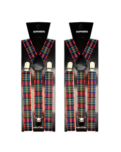 2x Tartan Slim Suspenders - Strong Adjustable Clip On Braces for Weddings/Formals