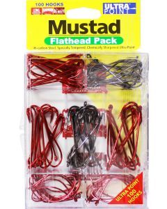 100 Pce Mustad Assorted Chemically Sharpened Flathead Hook Pack in Tackle Tray
