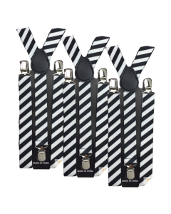 3x Black/White Stripe Slim Suspenders Bulk Pack - Strong Adjustable Clip On Braces for Weddings/Formals