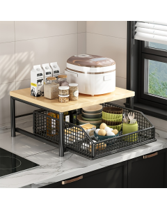 Kitchen Countertop Storage Organiser w/ Shelving Rack - Matte Black/Wood (Microwave Stand)