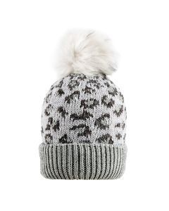 Dents Women’s Jacquard Knitted Bobble Hat with Leopard Print Pattern and Faux Fur Pom - Grey