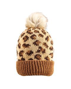 Dents Women’s Jacquard Knitted Bobble Hat with Leopard Print Pattern and Faux Fur Pom - Tan