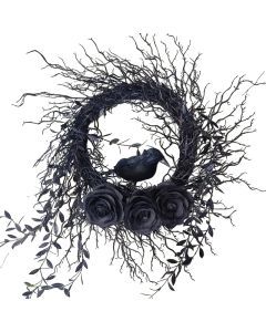 Halloween Wreath Crow & Dark Blue Roses