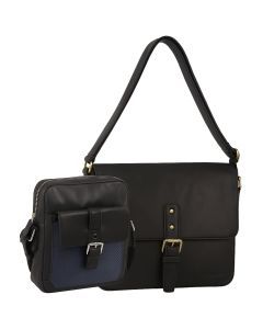 Pierre Cardin Leather Business Bag & Organizer Crossbody Bag Set - Black