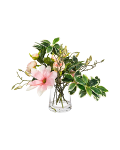 50cm Faux Magnolia Arrangement in Glass Vase - Artifical Floral Décor