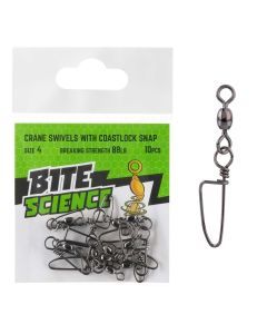 10 Pack of Size 4 Bite Science Black Crane Swivels with Coastlock Snaps - 88lb