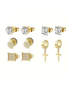 Earrings Stainless Steel 5 Pairs Set for Men (Gold)