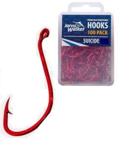 100 x Jarvis Walker Size 1/0 Suicide Octopus Hooks - Red Chemically Sharpened