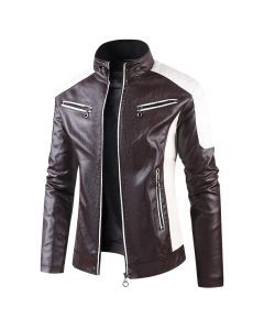 Men Slim Fit PU Moto Leather Jacket (Brown)